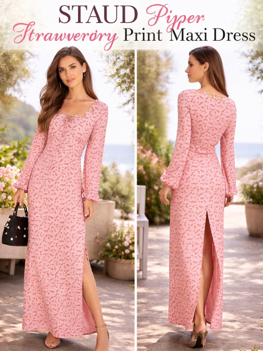 STAUD,Rare Strawberry Blush Dress, Long Sleeve Maxi Dress Boho Retro, Size 6